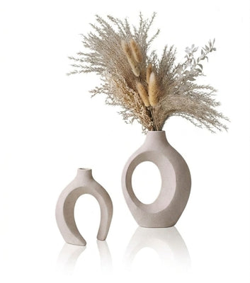 (Premium & Trendy): Modern Nordic Ceramic Vase Set – Aesthetic Hollow Pampas Grass Vases