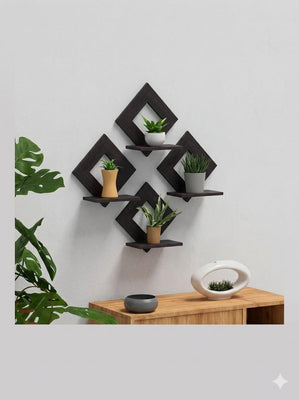 Premium Dark Walnut Geometric Floating Shelves – Stylish Wall Decor Planter & Showpiece Stand