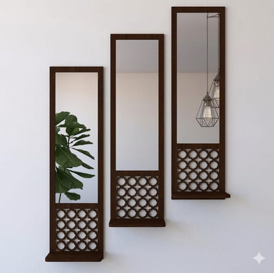 Elegant Set of 3 Rectangular Wall Mirrors with Wooden Jaali Carving and Floating Display Ledges