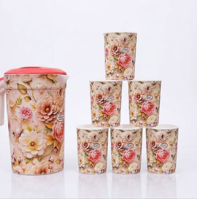 Premium Floral Printed Water Jug & 6 Glasses Set